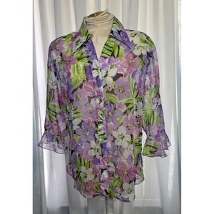 Gloria Lance Vintage Woman Purple Floral Glitter‎ Sheer Button Down Blouse 1X